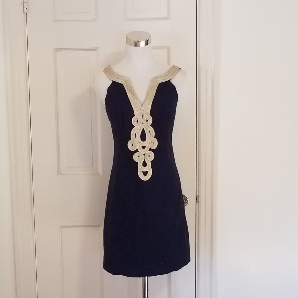 Lilly Pulitzer  Navy Gold Emery Shift Starfish Eyelet 100% Cotton Dress sz 0